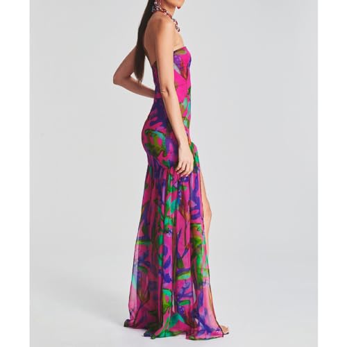 Women Tube Top Dress Tiger Stripe Mesh Patchwork Maxi Dress Strapless Sexy High Slit Long Dresses Party Clubwear