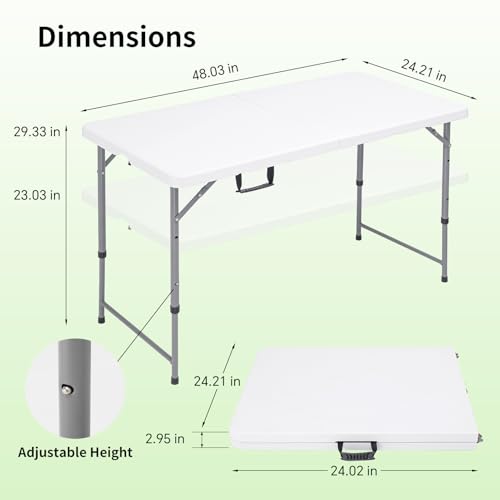 CHRONELLE 4FT Folding Table Adjustable Height, Folding Card Table 4 Foot Portable, Plastic Rectangular Camping Tables for ...
