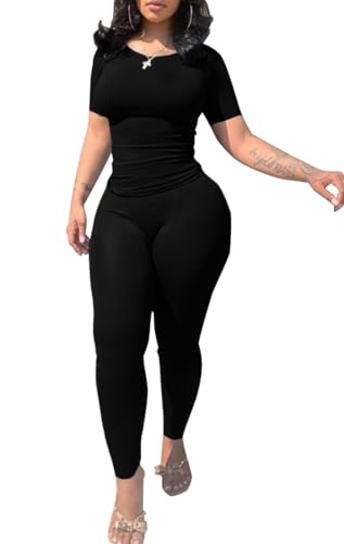 PINSV 2 Piece Sets for Women Summer Casual Jogger Workout Outfits Fitted Crew Neck T-shirt High Waist Legging Sets