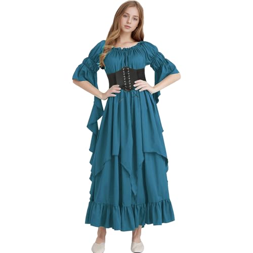Renaissance Dress Women Gothic Witch Dress Medieval Ruffle Victorian High Low Dress Costume Set with Corset Belt