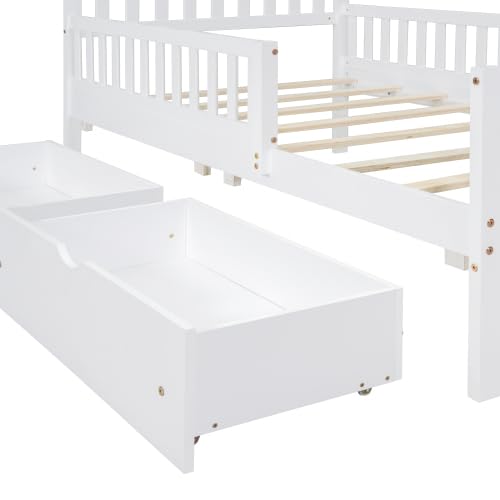 Bellemave Kids Twin Bed Frame with Storage Drawers and Both Sides Guardrails, Kids Platform Bed with Headboard and Slat Support, White