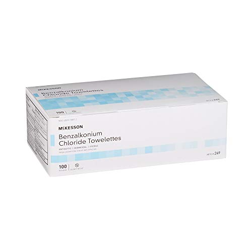 McKesson Benzalkonium Chloride Towelettes [Pack of 100] First Aid Antiseptic Wipes, Sterile Individual Wrapped
