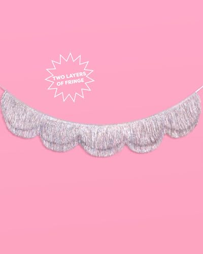 xo, Fetti Silver Iridescent Scalloped Fringe Banner - 6 Ft. | Bachelorette Party Decorations, Birthday Sign, Sparkly Deco...