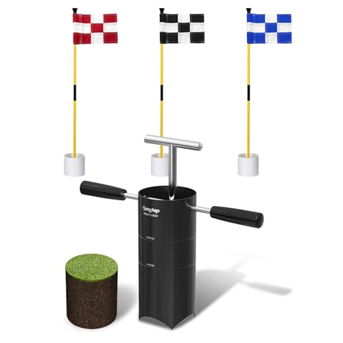 KINGTOP Portable Golf Hole Cutter and 3ft Golf Flagstick Bundle – Carbon Steel Blade for Easy Digging, 2-Section Ball Retr...