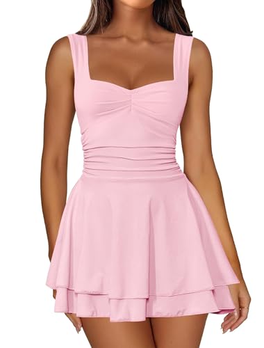 IWD Women's Square Neck Sleeveless Mini Dress Ruched Waist Tiered Ruffle Hem A Line Short Dresses