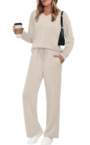 WIHOLL Lounge Sets for Women 2025 V Neck 2 Piece Outfits Airport Wide Leg Pants Matching Set Sweatsuits