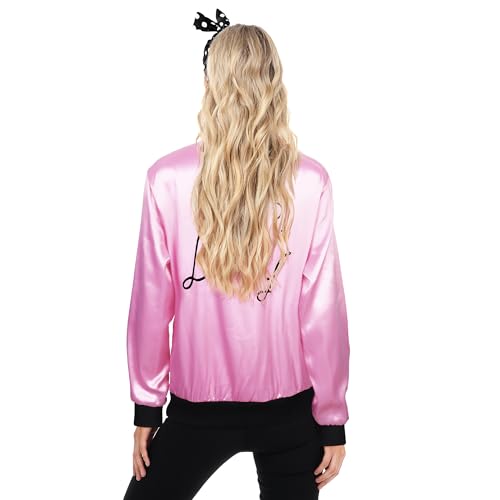 SOMSOC 5 Pieces 1950s Women Pink Satin Jacket with Polka Dot Scarf Headband Earrings Eye Glasses Halloween Party Costume Set