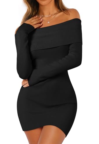 MEROKEETY Women's Sexy Off Shoulder Sweater Dress 2026 Winter Spring Long Sleeve Bodycon Club Night Out Mini Dresses