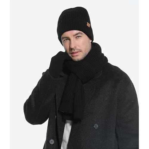 Mens Winter Beanie Hat Touchscreen Gloves Long Scarf 3 Set with Warm Fleece Lined Knit Cap Scarves for Men Women