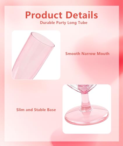 Irosiy 12-Pack Pink Heart Stem Plastic Champagne Flutes - Sweet Romantic Cups for Bridal Showers, Baby Showers, Valentine’...