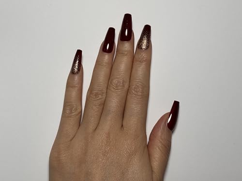 LOONGIN 24Pcs Long Press On Nails Bold Red and Gold Gradient Fake Nails Full Cover Reusable Nail Sticked on Nails Jelly Gl...