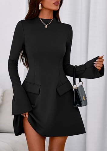 PRETTYGARDEN Women's Elegant Holiday Short Dress 2026 Fall Bell Long Sleeve Mock Neck Work Business Casual Party Mini Dress