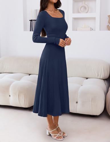 MEROKEETY Women's Sweater Dress 2025 Fall Winter Casual Long Sleeve Square Neck Pleated Church Work Knit Midi Dresses