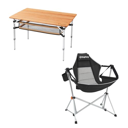 KingCamp Bamboo Folding Table with Storage Mesh Layer & Hammock Camping Chair Aluminum Alloy Adjustable Back Swinging Chair,