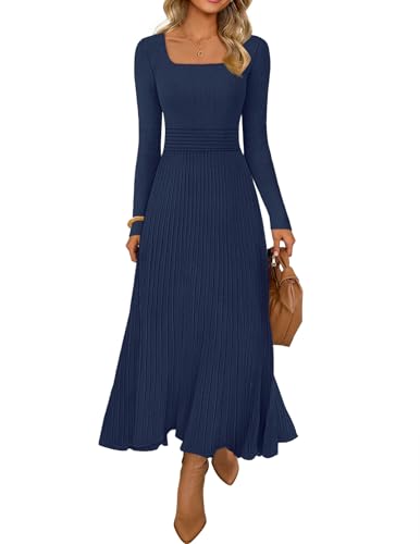 MEROKEETY Women's Sweater Dress 2025 Fall Winter Casual Long Sleeve Square Neck Pleated Church Work Knit Midi Dresses