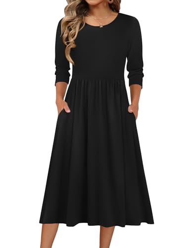 Zeagoo 3/4 Sleeve Women's Dress Casual Flowy A-Line Midi Tshirt Dresses with Pockets Crewneck Vocation Boho Beach Sundress