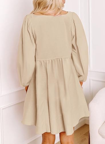 Dokotoo Womens 2026 Casual Dresses Smocked Crewneck Button Up Long Sleeve Empire Waist A-Line Mini Dress