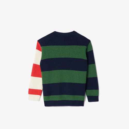 Lacoste Kid's Short Sleeve Elevated Stripe Crew Neck Sweater, Marine/ROQUETTE-LAPONIE-Sunrise, 2YR