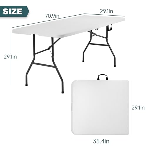 FDW 6 Foot Outdoor Dining Table, Foldable Portable Rectangular Plastic Folding Table with Built in Carrying Handle for Par...