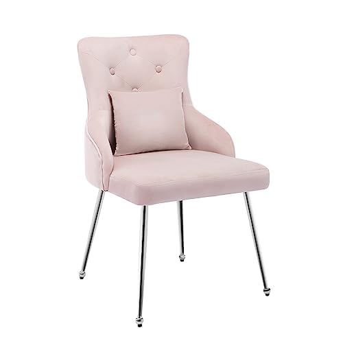 UDAX Velvet Vanity Dining Chairs, Upholstered Makeup Accent Reading Chair, Office Desk Vanity Stool Chairs with Metal Legs for Kitchen, Bedroom, Living Room, Pink