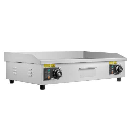VEVOR Commercial Electric Griddle, 28.54 x 15.75 in, 4400W, 122-570°F Adjustable Temp Control, Stainless Steel Countertop Full Flat Top Grill with 2 Spatulas and 2 Brushes, for Steak, Pancake, Squid