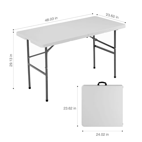 4 FT Foldable Table with Built in Handle & Steel Legs, Heavy Duty Portable Table, Folding Table Outdoor Indoor with Carryi...