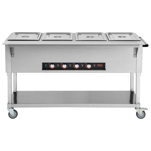 VEVOR Commercial Food Warmer, 2000W Electric Steam Table with 4 x 20.6QT Pans, Versatile Food-Grade Stainless Steel Server with Countertop & Shelf, Movable Buffet Catering Warmer for Party Restaurant