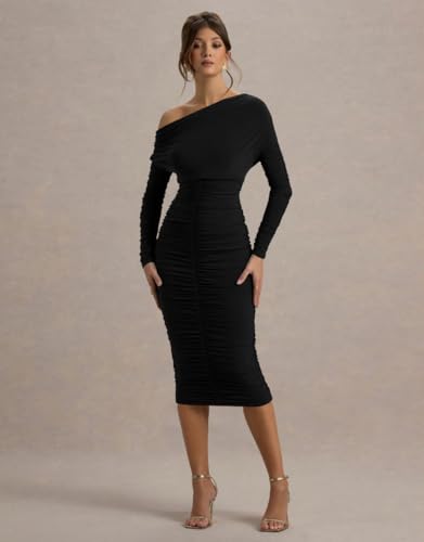 LAGSHIAN Women's Elegant Bodycon Long Sleeve Midi Dress Fall Off The Shoulder Ruched Cocktail Party Dresses