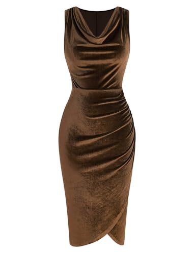 ZAFUL Womens Sleeveless Cocktail Dresses V Neck Party Midi Wedding Guest Dress Ruched Bodycon Work Office Dress