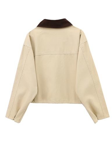 Megfie Womens Cropped Jacket Contrast Collar Utility Coat Cargo Jacket Barn Jacket Outwear with Pockets