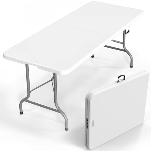 VINGLI 6 Foot Plastic Folding Table Portable Long Table for Indoor Outdoor Use Rectangular with Carrying Handle, Smooth HD...