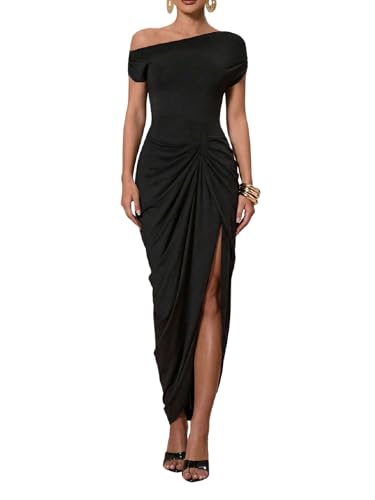 Floerns Women's Elegant Long Dress Asymmetrical Off Shoulder Ruched Slit Bodycon Cocktail Dresses