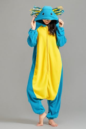 DELEY Unisex Adult Axolotl Onesie Pajamas, Flannel Animal One Piece Costume Sleepwear Halloween Cosplay Homewear Blue Axolotl