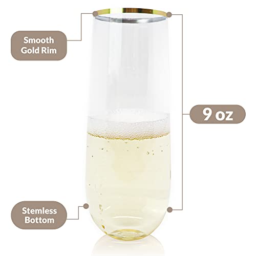 Reli. Champagne Flutes Plastic | 25 Pack | 9 oz - Gold Rim Clear | Stemless Premium Plastic Champagne Flutes | Party-Perfe...