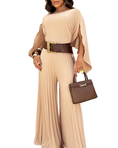 CHICME Women's 3 Piece Pleated Outfits One Shoulder Tops with High Waisted Wide Leg Pants Casual Vacation Outfit