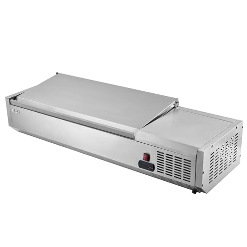VEVOR Refrigerated Condiment Prep Station, 130 W Countertop Refrigerated Condiment Station, with Two 1/3 Pans & Four 1/6 Pans, 304 Stainless Body and PC Lid, Sandwich Prep Table with Stainless Guard