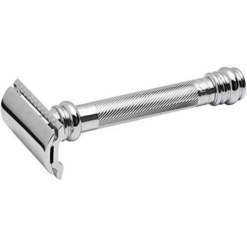 MERKUR 38C Double Edge Safety Razor - Bright Chrome, Extra Large Barber Pole Grip Brass Handle, Made in Germany, Plastic-Free, Two Piece Design, Closed Comb, Straight Bar