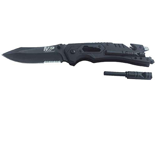 Smith & Wesson M&P 8.5in High Carbon S.S. Spring Assisted Folding Knife with 3.5in Serrated Drop Point Blade and Rubber Ha...