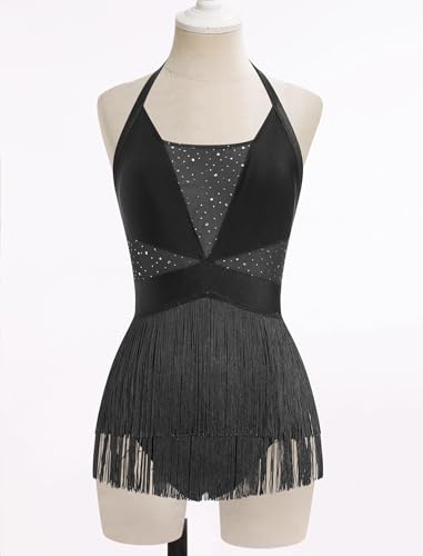 ODASDO Woman Latin Dance Costume Mesh Sequin Bodysuit Sparkly Jumpsuit Halter Neck Tassel Fringe Romper Mini Dress XS-XL