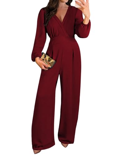 Pink Queen 2025 Jumpsuits for Women Dressy Long Sleeve V Neck Wide Leg Pants Romper Business Casual Outfits