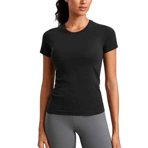 CRZ YOGA Seamless Workout Tops for Women Hip Length - Athletic Running Gym Yoga Short Sleeve Shirts Breathable Crewneck Tees