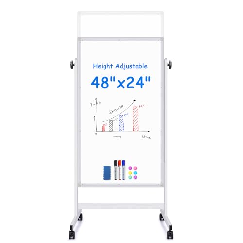 maxtek Rolling White Board, 48 x 24 Height Adjustable Whiteboard on Wheels, Large Magnetic Standing Mobile Easel Board, Do...