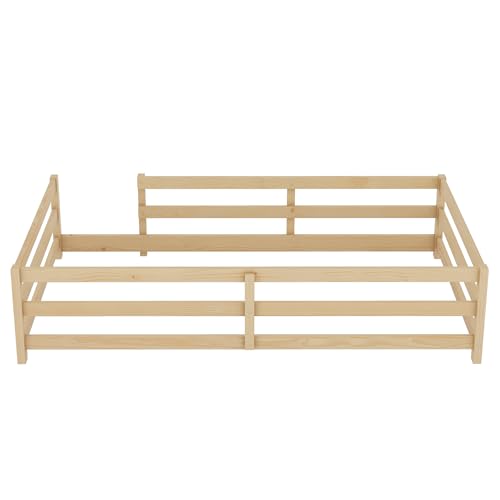 OYN Twin Floor Bed, Montessori Bed Frame with High Fence, Pine Wood Montessori Floor Bed for Kids, Girls, Boys, Natural