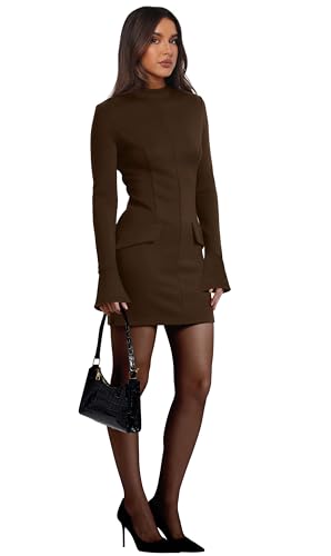 OFEEFAN Women's Fall Long Sleeve Mock Neck Dress Basic Party Club Bodycon Mini Dresses