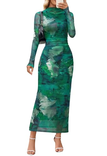 MEROKEETY Women's Spring Wedding Guest Dress 2026 Long Sleeve Bodycon Floral Mesh Fall Cocktail Holiday Party Maxi Dresses