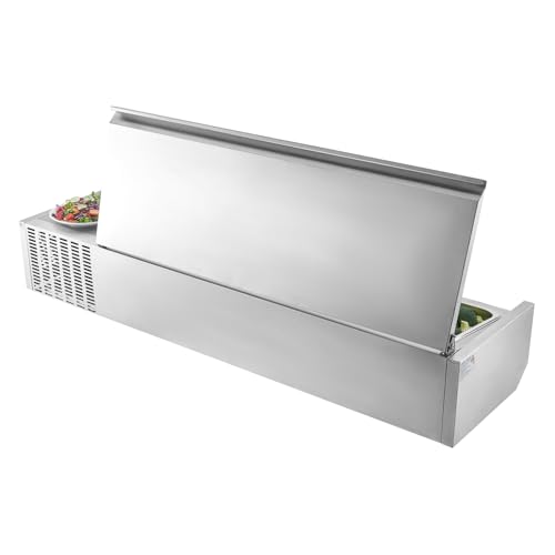 VEVOR Refrigerated Condiment Prep Station, 130 W Countertop Refrigerated Condiment Station, with Four 1/3 Pans & Four 1/6 Pans, 304 Stainless Body and PC Lid, Sandwich Prep Table with Stainless Guard
