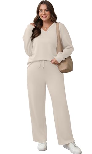 WIHOLL Lounge Sets for Women 2025 V Neck 2 Piece Outfits Airport Wide Leg Pants Matching Set Sweatsuits