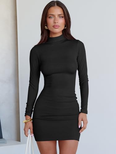 ANRABESS Women Long Sleeve Mock Neck Bodycon Mini Dress 2025 Fall Ribbed Slim Fit Pencil Cocktail Club Night Dresses