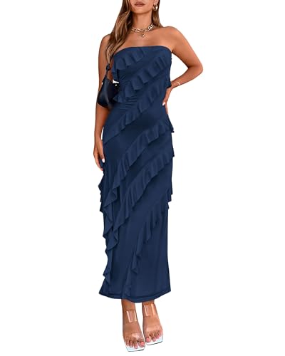BTFBM Women Summer Elegant Strapless Midi Ruched Bodycon Dress Solid Color Stretch Mesh Slim Party Cocktail Dresses