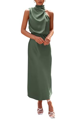 PRETTYGARDEN Women's 2026 Summer Satin Dress Elegant Sleeveless Mock Neck Cocktail Party Maxi Dresses